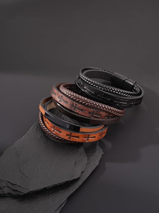 Mens Leather Cross Bracelet Multilayer Braided Wristband Bangle Bracelets with Stainless Steel Buckle Religious Gift for Men Brown/Black/Blue–8.3 inch
