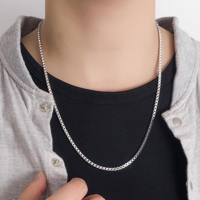 Solid 925 Sterling Silver 3mm Italian Square Box Chain Necklace with Lobster Clasp for Men & Women, 16" to 30" Length