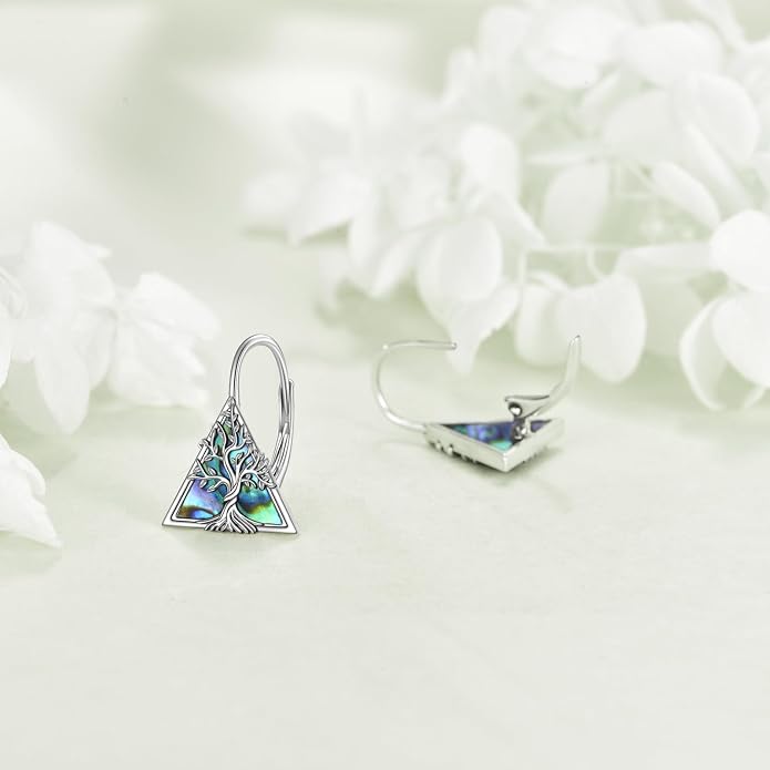 Celtic Trinity Knot Earrings for Women 925 Sterling Silver Triangle Celtic Leverback Abalone Shell Irish Jewelry Gift