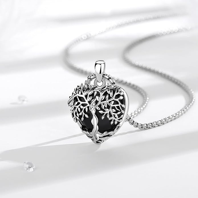Vito Tree of Life Necklace for Women Men, Silver Plated Copper Teardrop Moonstone/Obsidian/Turquoise/Amethyst/Malachite Crystal Tree Necklace Protection Energy Amulet Jewelry Gift for Mom Wife, 20+2"