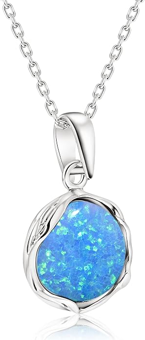 ADITA GOLD 925 Sterling Silver Blue Opal Necklace Women - Blue Opal Pendant Necklace Silver- October Birthstone Necklace - Silver Jewelry for Women- Minimalist Jewelry- Birthstone Necklaces