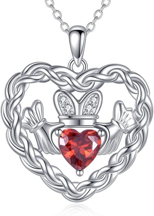 Birthstone Claddagh Heart Necklace 925 Sterling Silver Heart Celtic Knot Claddagh Necklace Pendant Irish Jewelry Gifts for Women Mom Wife Sister Christmas Birthday,18+2 inch