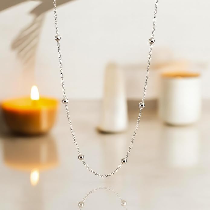 Dainty 925 Sterling Silver Satellite Bead Chain Necklace for Women – Thin Italian Beaded Cable Chain – Non-Tarnish, Waterproof, Hypoallergenic, Nickel-Free – 18, 20, 22 Inch