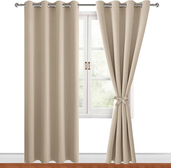 Hiasan Blackout Curtains for Bedroom, 52 x 84 Inches Long - Thermal Insulated & Light Blocking Window Curtains for Living Room, 2 Drape Panels Sewn with Tiebacks, Taupe