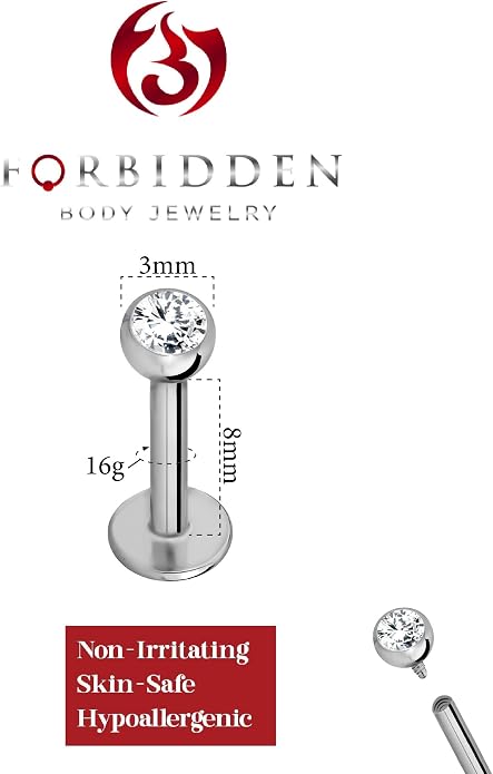 Forbidden Body Jewelry 16G-18G Internally Threaded Solid Titanium Tragus/Helix Earring/Labret Stud with CZ Ball Top