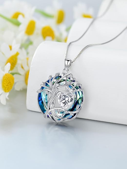 TOUPOP Tree of Life Birthstone Necklace Sterling Silver Pendant Birthstone Necklaces with Blue Crystal Anniversary Birthday Jewelry for Women Mom Wife Her