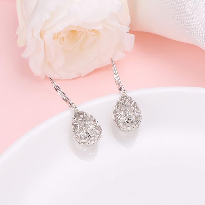 925 Sterling Silver Filigree Dangle Drop Earrings Daisy/Lotus/Rose Flower/Moonstone Leverback Teardrop Earrings for Women Infinity Celtic Knot Daisy Lotus Jewelry for Mothers Day
