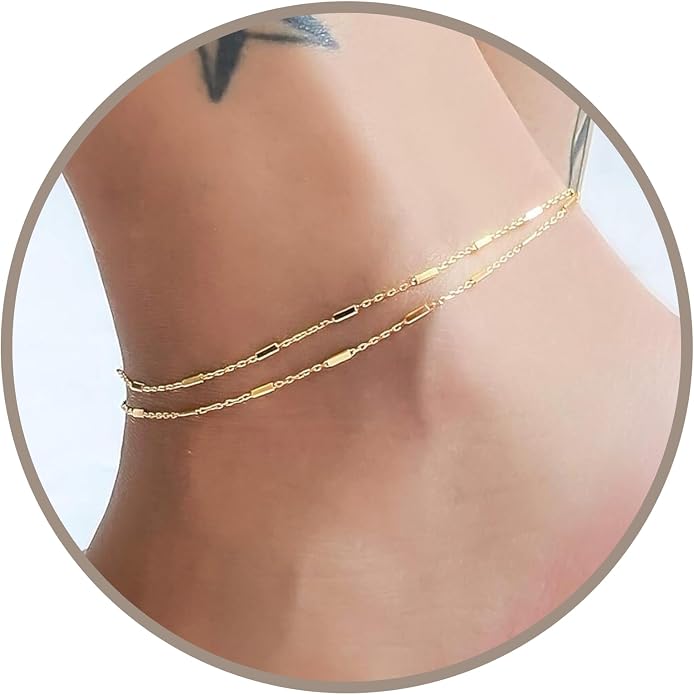 Annika Bella Gold Anklet, Double Strand Gold Chain Bracelets, Length 9-10 Inches, Anklets for Women Waterproof, Ankle Bracelet, Summer Jewelry
