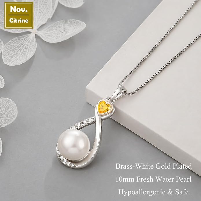 Heart Birthstone Pearl Pendant Necklace, 925 Sterling Silver Infinity Necklace with 10mm Freshwater Cultured Pearl & 4mm Gemstone Jewelry for Women