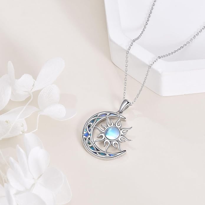 Sun and Moon Necklace for Women 925 Sterling Silver Celtic Crescent Moon Pendant Blue Opal/White Opal/Abelone Shell/Labradorite/Moonstone Jewelry Gift for Teen Girls