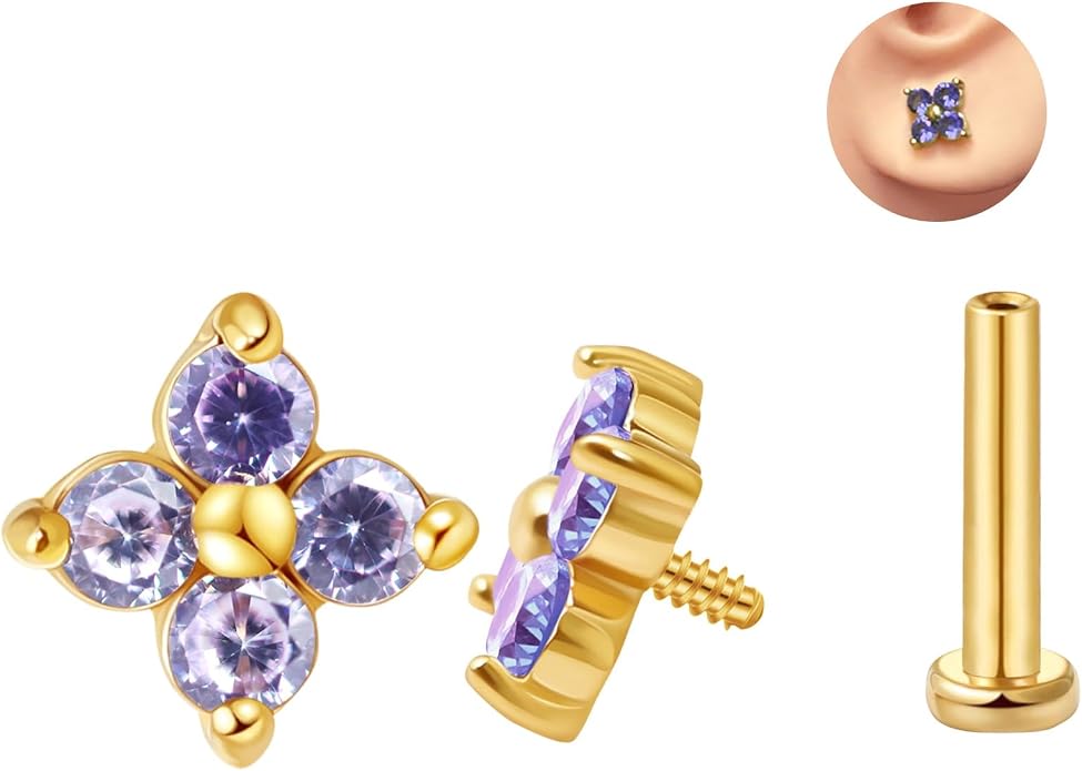 FANSING CZ Flower Internally Threaded Flat Back Earring Labret Stud for Cartilage Tragus Helix Conch