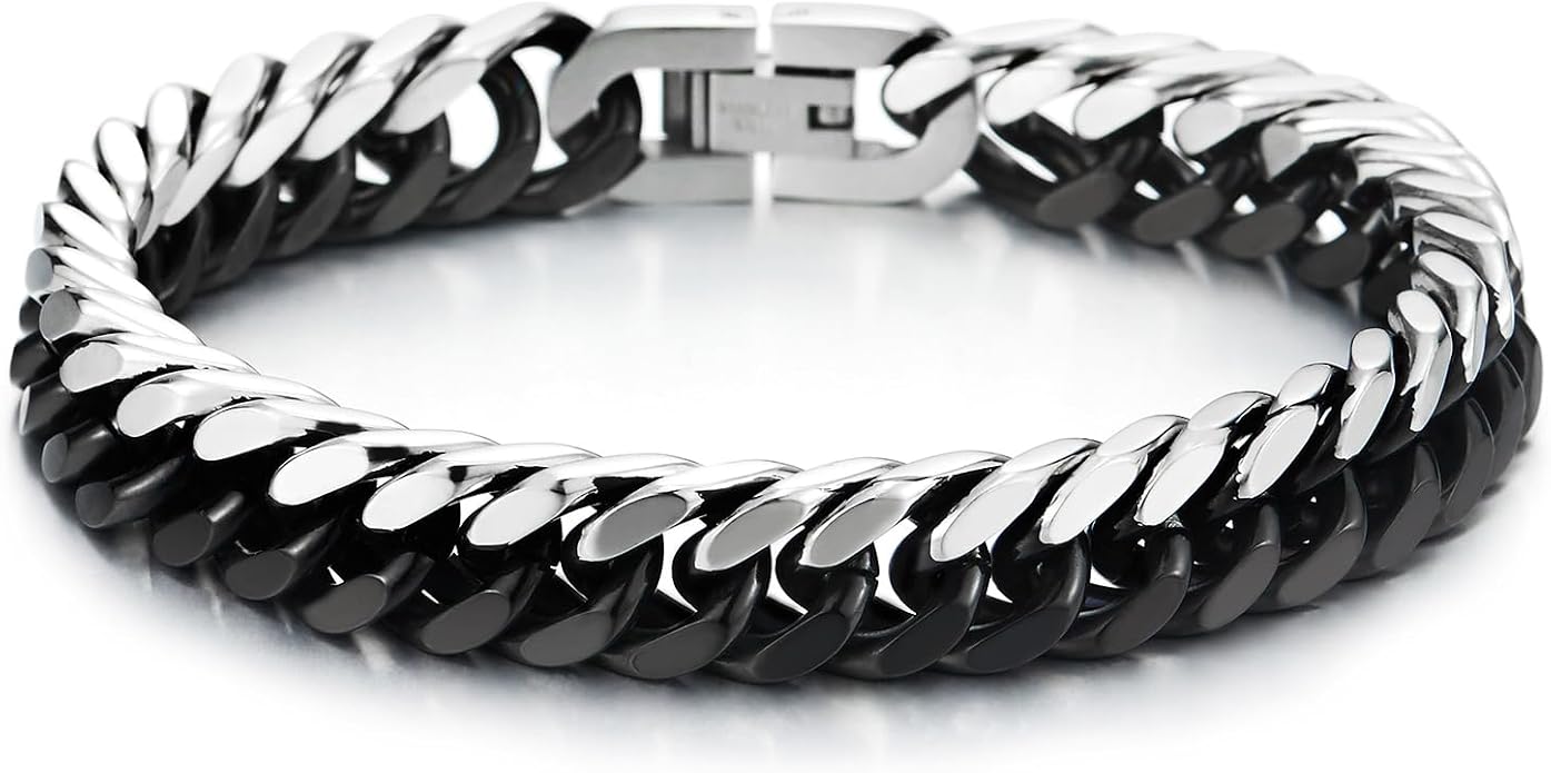 COOLSTEELANDBEYOND Mens Stainless Steel Two-tone Curb Chain Bangle Bracelet, Satin Finish