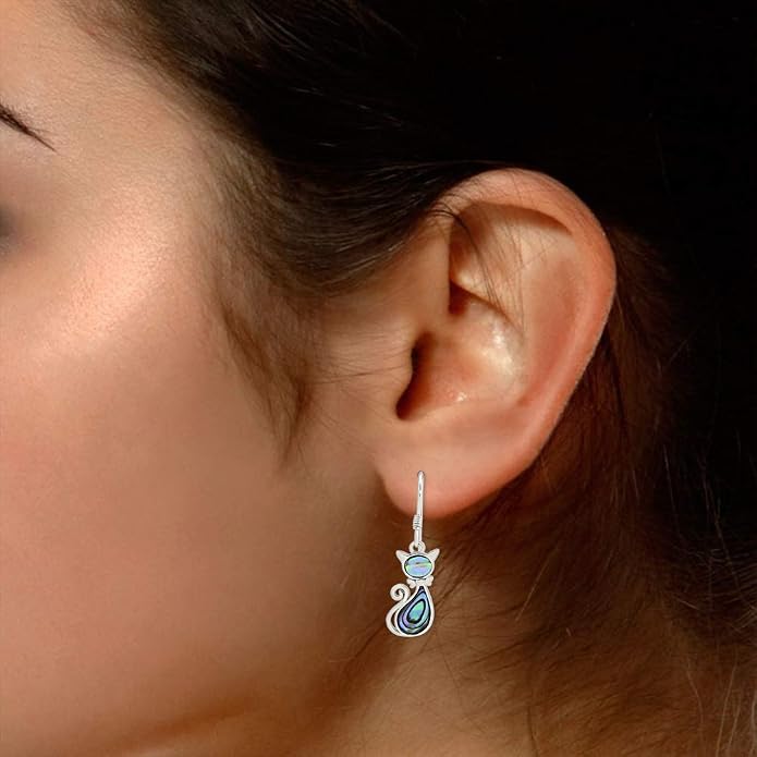 Abalone Shell Animal Dangle Earrings for Women (Kiwi Bird, Cat, Seahorse) in 14K White Gold Over 925 Sterling Silver, Iridescent Fishhook Drop Jewelry Gift