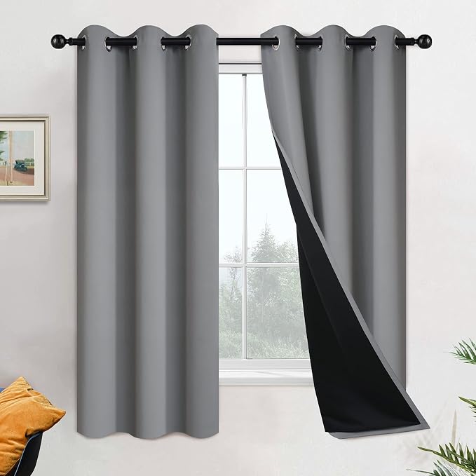 Yakamok Grey Blackout Curtains 63 Inches Long for Bedroom 42" Wide 2 Panels | Blackout Curtain Panels for Bedroom, 2 Thick Layers Grommet Top Thermal Insulated Drapes with Black Liner for Living Room