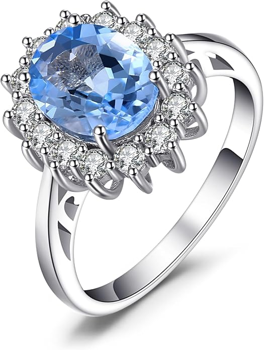 JewelryPalace Princess Diana Kate Middleton Class Gemstone Birthstone Sapphire Halo Engagement Rings for Women, Anniversary 14K White Yellow Rose Gold Plated 925 Sterling Silver Promise Rings for Her