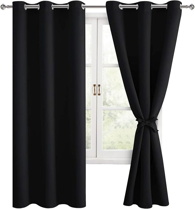 Hiasan Blackout Curtains for Bedroom and Living Room, Light Blocking, Noise Reducing Window Curtain Panels, Tiebacks Included, Set of 2, Grommet Top (Black, Width 42 Inch x Length 72 Inch)