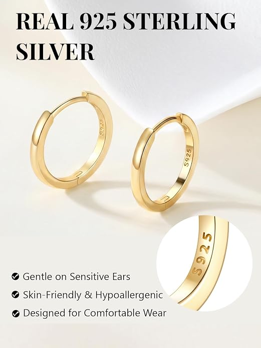 Silvora Sterling Silver Hoop Earrings for Women, Small Hoops 14K Gold Plated/925 Silver/Rose Gold/Black, Hypoallergenic Huggie Lightweight Cartilage Sleeper Earrings 8/10/12/14/16/18/20mm