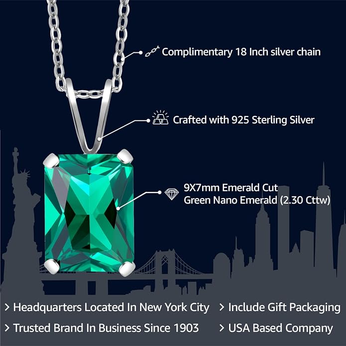 Gem Stone King Emerald Cut Pendant Necklace For Women | 925 Sterling Silver | Emerald Cut 9X7MM | Gemstone Birthstone | Fine Jewelry for Her Mom Wife | With 18 Inch Silver Chain