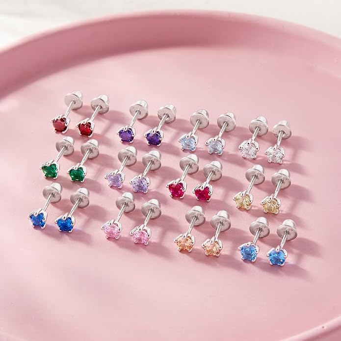 In Season Jewelry Solitaire Simulated Birthstone Kids Earrings - 925 Sterling Silver Hypoallergenic Earrings for Girls with Secure Screw Backs - Safe & Comfortable for Kids & Little Girls