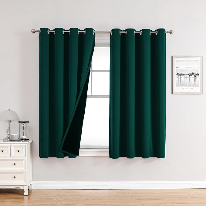 ChrisDowa 100% Blackout Curtains for Bedroom 63 Inches Long 2 Panels Set | 2 Thick Layers, Thermal Insulated, Light Blocking, Grommet, Window Treatment, Living Room Drapes, Forest Green, 52 x 63 Inch