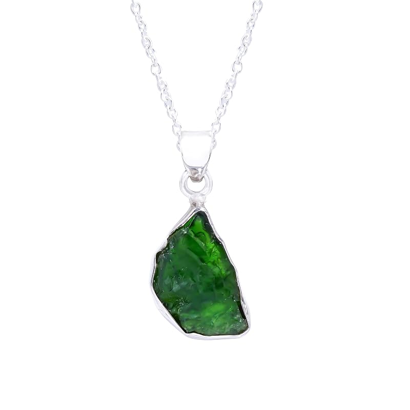 Natural Real Raw Chrome Diopside Crystals Bezel Pendant Necklace, Healing Rough Gemstone, 925 Sterling Silver Jewelry 18 inch