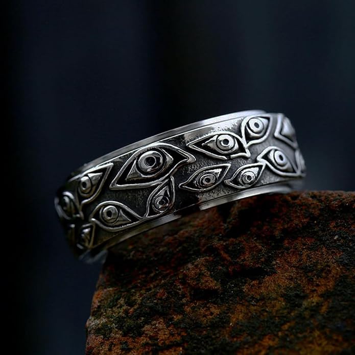 Gothic Evil Eye of God Rings,Stainless Steel Vintage Black Engraved Spinner Rings Fidget Band Stress Relieving Anxiety Jewelry Gifts for Men