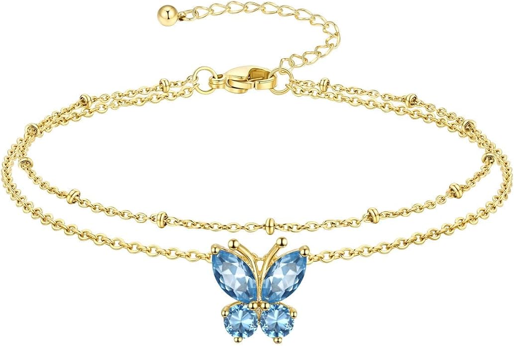 Richsteel Double Layer Heart/Butterfly Birthstone Anklet for Women Non Tarnish Waterproof, Silver/Gold/Black Stainless Steel 8.5-10.5 Inch Adjustable Chain Anklets Jewelry Gifts for Her