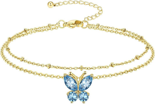 Richsteel Double Layer Heart/Butterfly Birthstone Anklet for Women Non Tarnish Waterproof, Silver/Gold/Black Stainless Steel 8.5-10.5 Inch Adjustable Chain Anklets Jewelry Gifts for Her