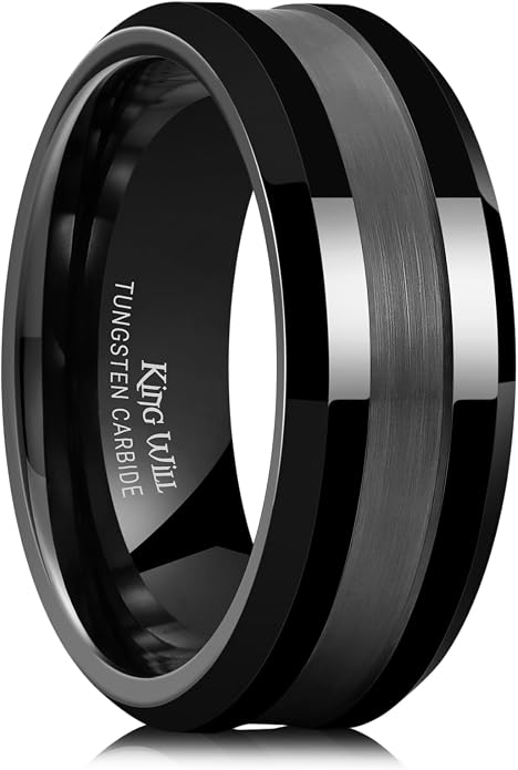 King Will Classic Tungsten Carbide Ring Brushed Two Grooved Center Hammered Design Mens Wedding Band for Men