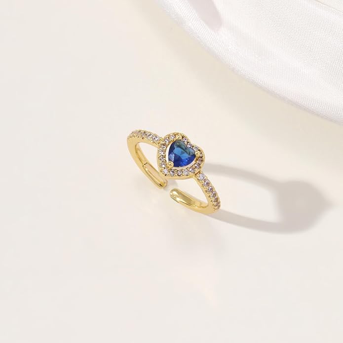 Gold Birthstone Rings for Women Non Tarnish 14k Gold Plated Dainty Heart Rings Adjustable Size Cubic Zirconia Ring Gold Simulated Gemstone Rings Birthday Gifts for Women