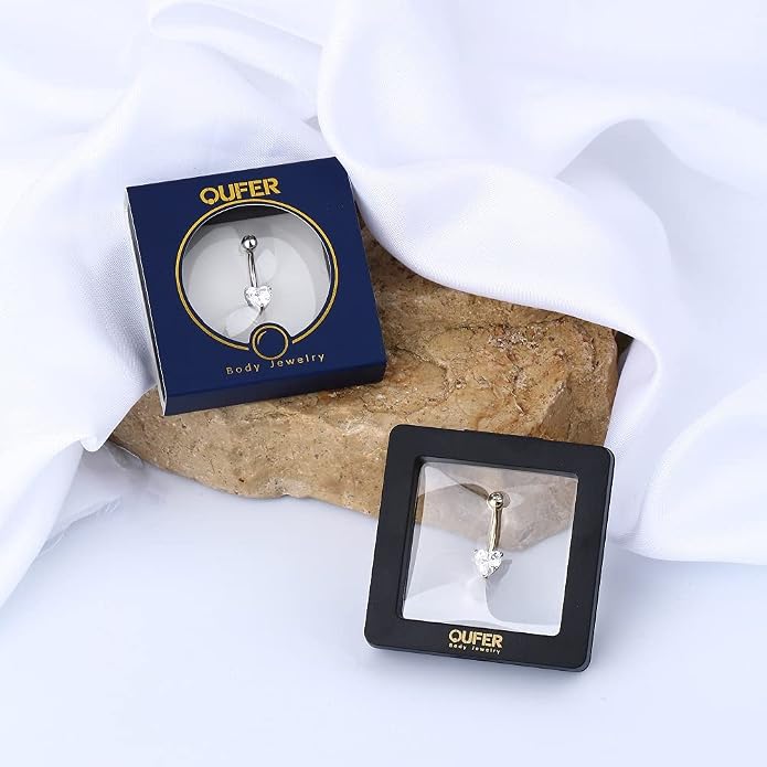 OUFER Belly Navel Rings - 14K Solid White Gold Heart Solitaire Cubic Zirconia Belly Button Rings