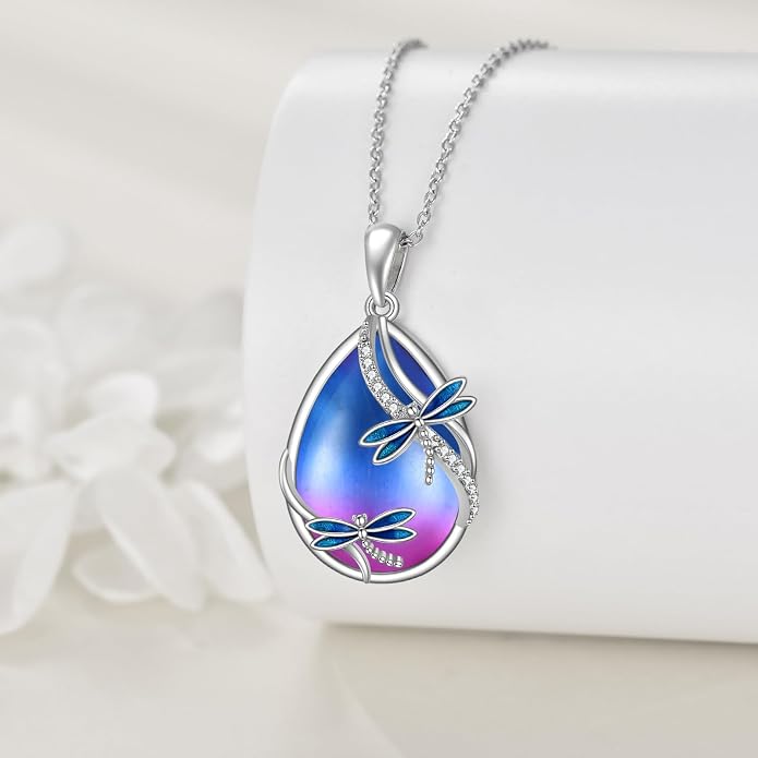 KQF Dragonfly/Butterlfy/Cat/Jellyfish/Bunny/Axolotl/Bee/Mermaid/Hummingbird/Elephant Necklace for Women Sterling Silver Moonstone Pendant Necklace Dragonfly Jewelry Gifts for Women