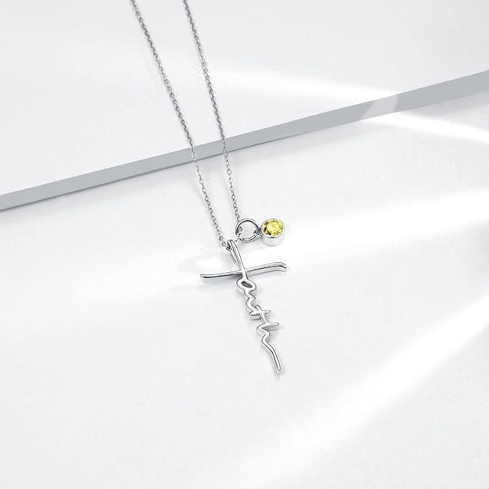 PRAYMOS Faith Cross Necklace for Women 925 Sterling Silver Pendant Necklace With Birthstone Initial Christian Religious Confirmation Baptism Mothers Day Gifts