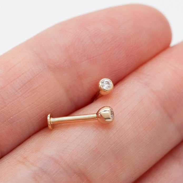 14k Yellow/White Gold Body Jewelry Earrings for Women Threaded Micro CZ Gem Top Tragus/Helix/Labret Stud 16G 6mm 8mm