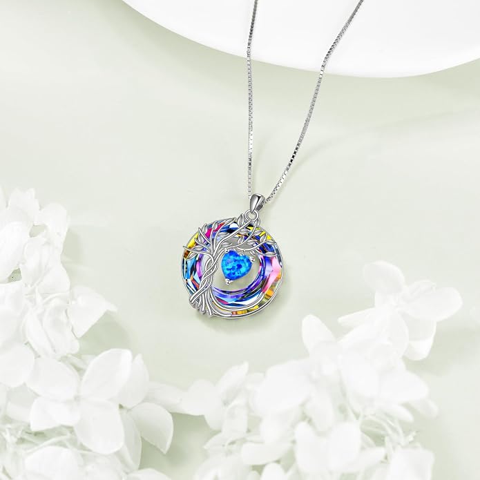 POPLYKE Mothers Day Gifts for Mom Her Wife Tree of Life Necklace 925 Sterling Silver Birthstone Pendant with Crystal Anniversary Birthday Wedding Jewelry for Women