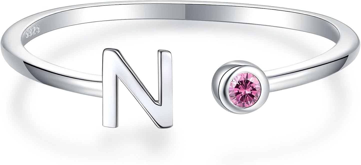 925 Sterling Silver Initial Letter Birthstone Rings for Women Adjustable 1-12 Month Birthstone Alphabet Stacking Ring for Teens Girls Stackable Birthstone Rings Birthday Jewelry Gift for Daughter Mom