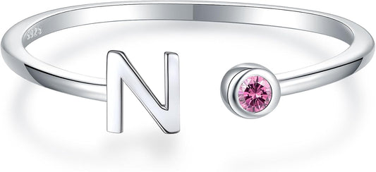 925 Sterling Silver Initial Letter Birthstone Rings for Women Adjustable 1-12 Month Birthstone Alphabet Stacking Ring for Teens Girls Stackable Birthstone Rings Birthday Jewelry Gift for Daughter Mom