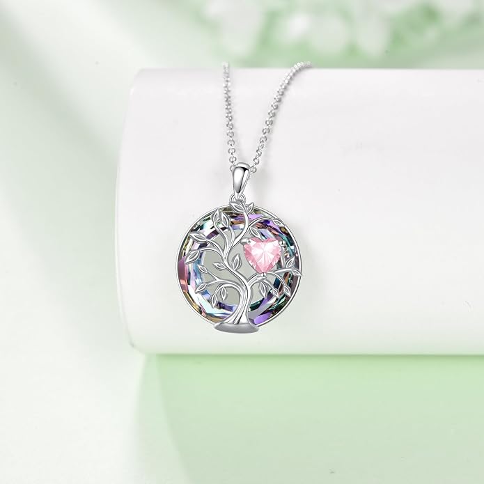 Tree Of Life Birthstone Necklace 925 Sterling Silver Crystal Family Tree Pendant Necklaces Heart Birthstone Jewelry For Women Female Anniversary Birthday Gifts