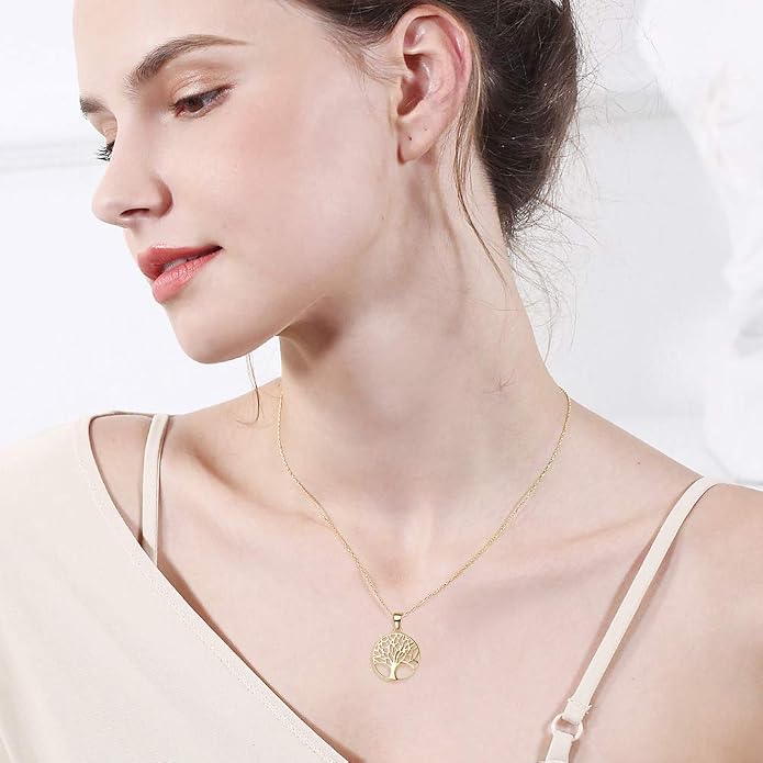 AGVANA Gold Plated Sterling Silver Tree of Life Pendant Necklace Earrings for Women Dainty Family Tree Jewelry for Her Anniversary Birthday Gifts for Mom Wife Lover Grandma Her, 16+2 Inches