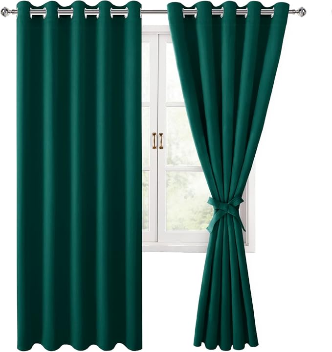 Hiasan Room Darkening Curtains for Bedroom, 60 x 72 Inches - Thermal Insulated & Energy Saving Window Drapes for Living Room/Dorm Room, Set of 2 Panels Sewn with Tiebacks, Hunter Green