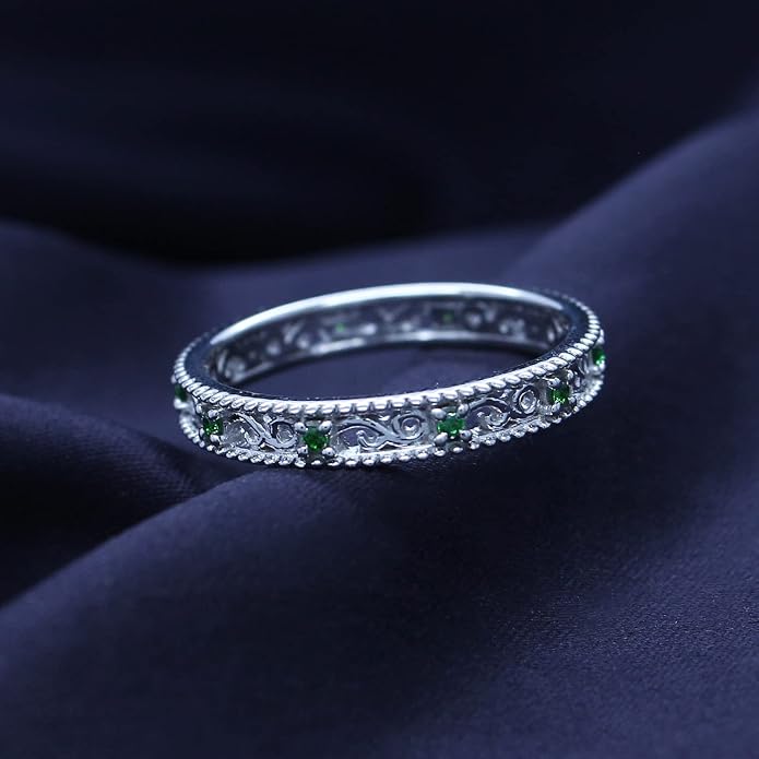 Jewel Zone US Filigree Eternity Wedding Band Ring for Women, Round Cut Simulated Gemstone Stackable Promise Ring in 14K Gold Plated 925 Sterling Silver Band Width 3.5mm – Elegant Jewelry for Her
