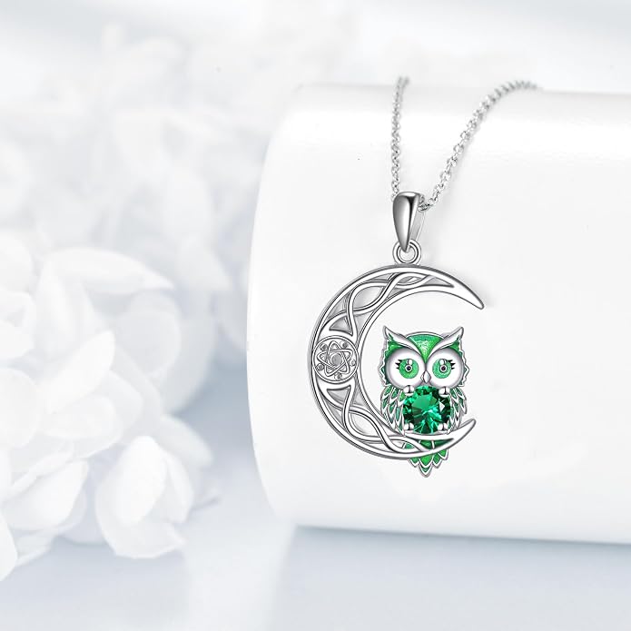 Owl Birthstone Necklace Sterling Silver Celtic Moon Pendant Cubic Zirconia Owls Jewelry Birthday Gifts for Women Men