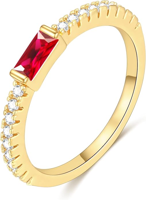 RLMOON Birthstone Gold Rings for Women Non Tarnish 14K Gold Plated Eternity Stackable Rings Dainty CZ Gemstone Engagement Rings Wedding Band Jewelry Gifts Size 4-10