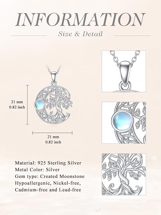 WINNICACA Tree of Life Necklace for Women Sterling Silver Crescent Moon Tree Moonstone Pendant Family Necklace for Mother Daughter Sister Gifts ﻿