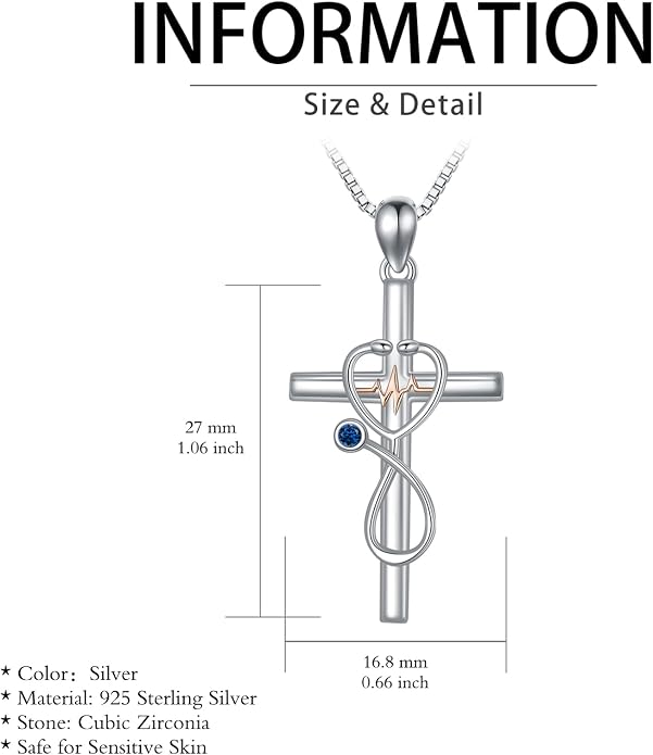 HPQQ Gifts for Nurse Sterling Silver Stethoscope Cross Necklace Nurses Birthstone Jewelry Nursing Themed Medicine Nurses Week Graduation Gifts Doctor Medical Student RN