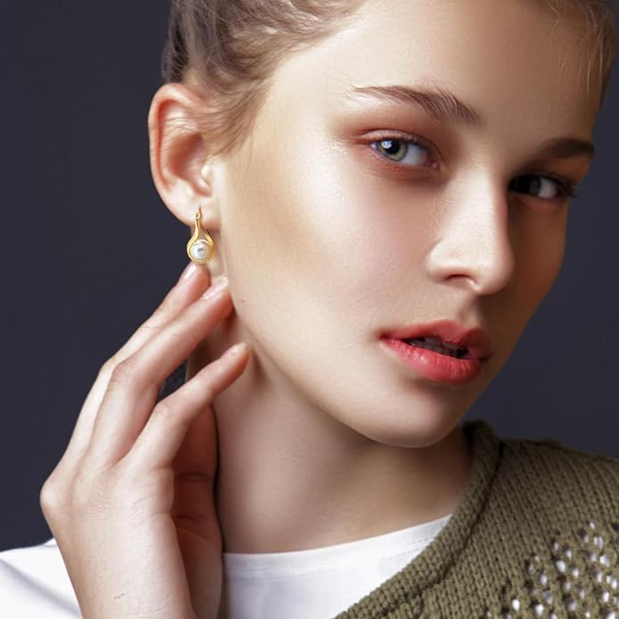 14K Gold Earrings for Women Gold Hoop Earrings Pearl Earrings for Women Hoop Solitaire Teardrop-Shaped with Twisted Lines Eye-catching Pearl Drop Dangle Hoops Earring for Womens 24mm