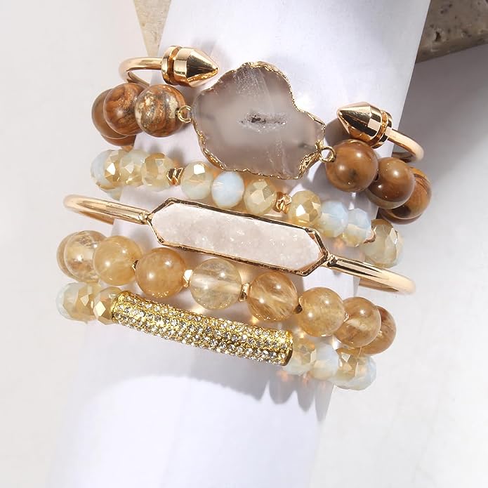 Yomisa 5PCS 6PCS Natural Boho Beaded Bracelets/Bangle for Women Men,Healing Turquoise Jasper Agate Crystal Gemstone Stone Chakra Multilayer Wrap Bohemian Handmade Jewelry Beads Stretch Bracelet Set