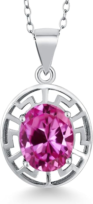 Gem Stone King 925 Sterling Silver 10X8MM Oval Gemstone Birthstone Necklace | Greek Key Pendant Necklace for Women | With 18 Inch Silver Chain