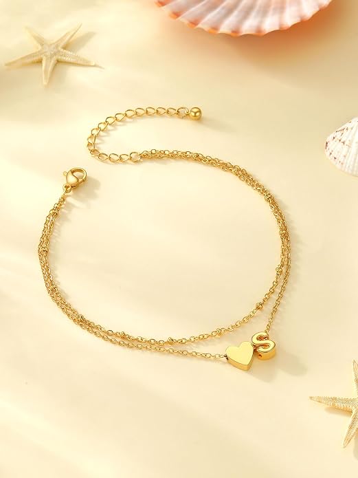 Initial Ankle Bracelets for Women, Dainty Stainless Steel Letter A-Z Layered Anklets, Heart Ankle Bracelet 8.5"-10.5" Adjustable, Summer Beach Jewelry, Come with Box