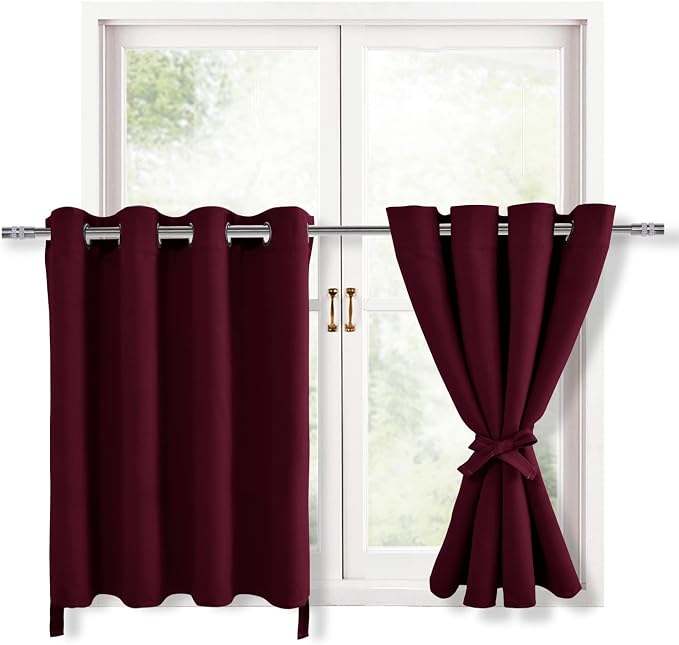 Hiasan RV Blackout Curtains for Bedroom, 52 x 30 Inches Long - Thermal Insulated & Light Blocking Window Curtains for Living Room Christmas Decor, 2 Drape Panels Sewn with Tiebacks, Burgundy